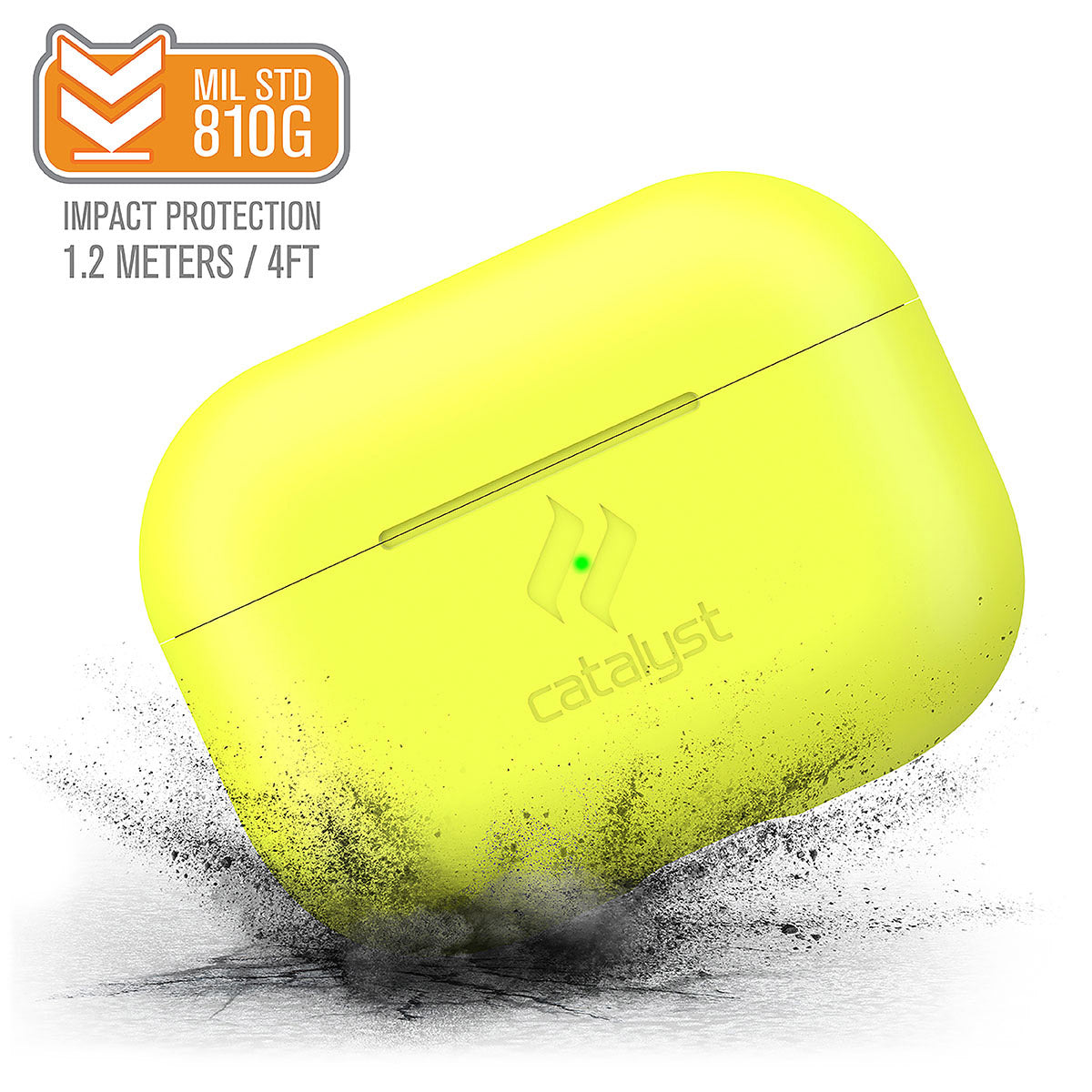 Catalyst airpods pro gen 2/1 slim case showing how drop proof the case is in a neon yellow text reads MIL STD 810G impact protection 1.2 meters/4FT
