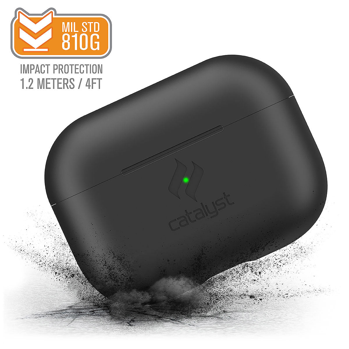 Catalyst airpods pro gen 2/1 slim case showing how drop proof the case is in a stealth black text reads MIL STD 810G impact protection 1.2 meters/4FT
