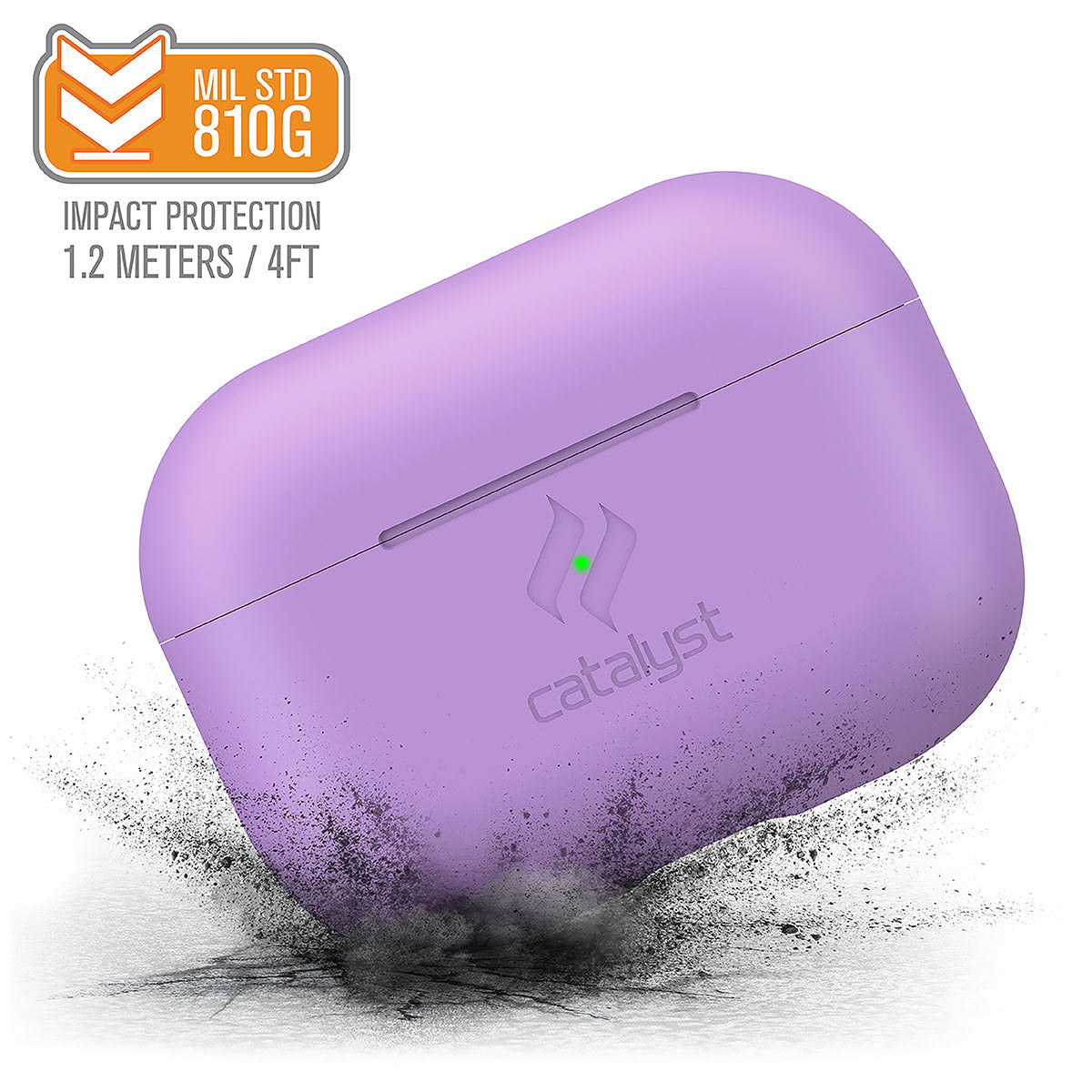 Catalyst airpods pro gen 2/1 slim case showing how drop proof the case is in lilac colorway text reads MIL STD 810G impact protection 1.2 meters/4FT