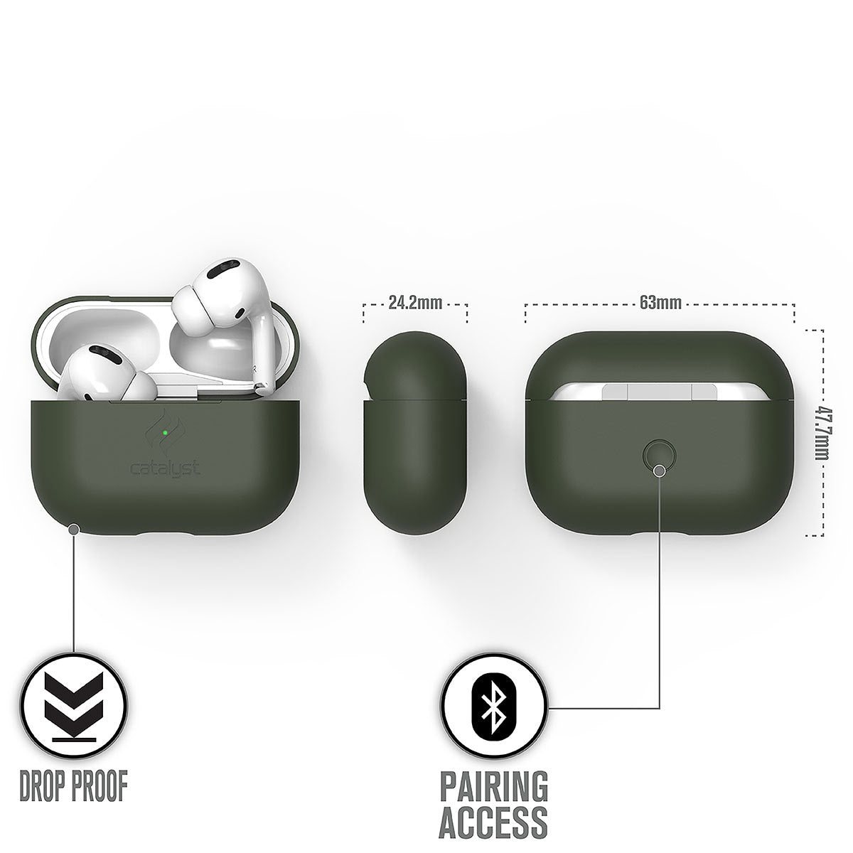 Catalyst airpods pro gen 2/1 slim case showing the case dimensions in a army green colorway text reads drop proof pairing access