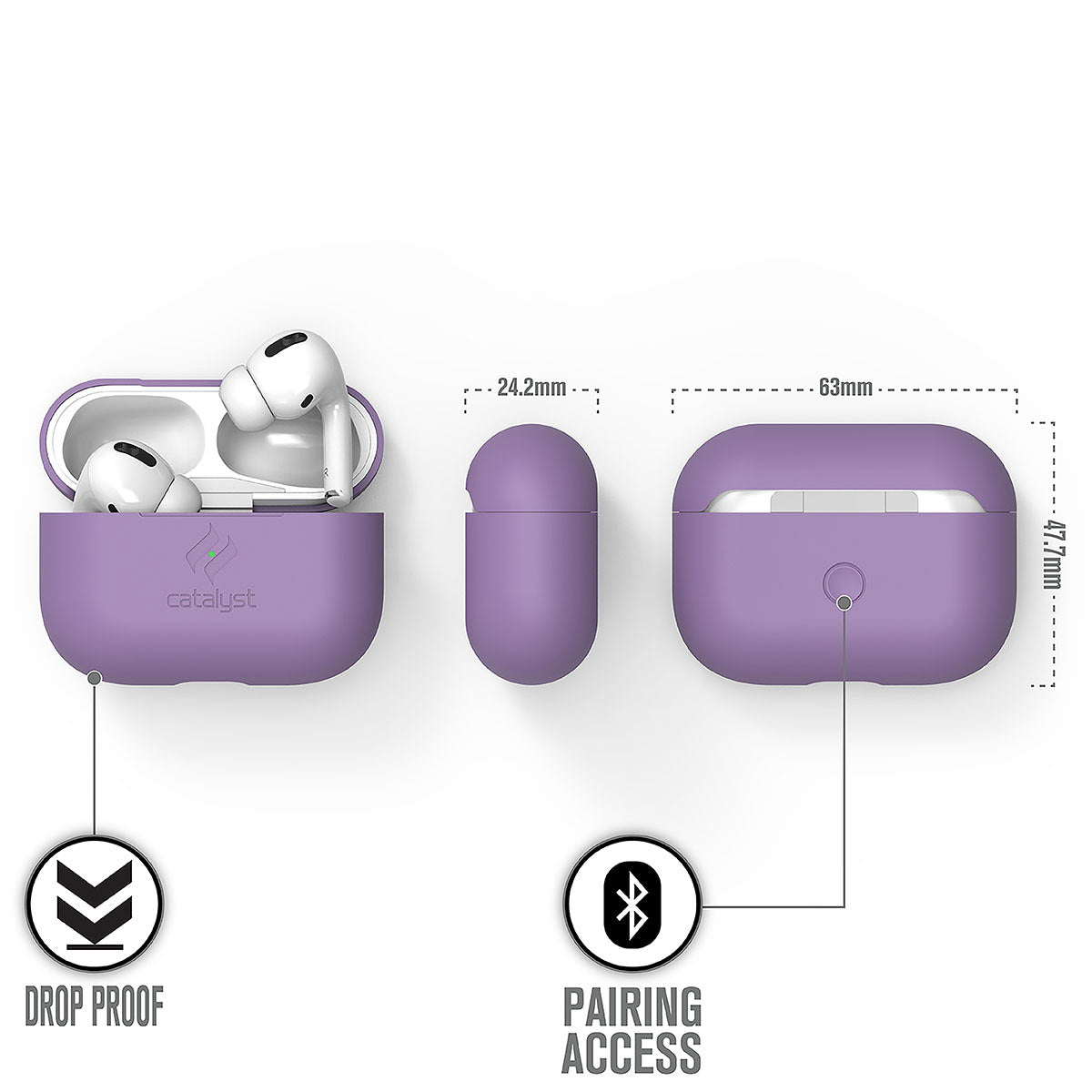 Catalyst airpods pro gen 2/1 slim case showing the case dimensions  in a lilac colorway text reads drop proof pairing access