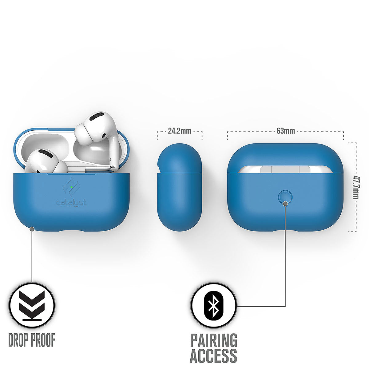 Catalyst airpods pro gen 2/1 slim case showing the case dimensions in a neon blue colorway text reads drop proof pairing access