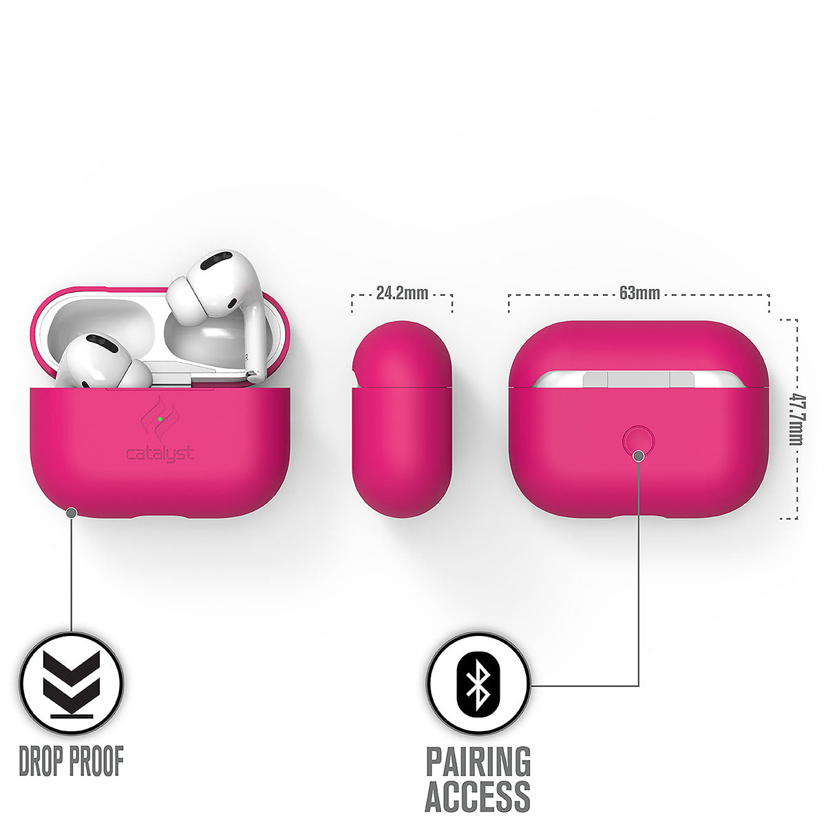 Catalyst airpods pro gen 2/1 slim case showing the case dimensions in a neon pink colorway text reads drop proof pairing access