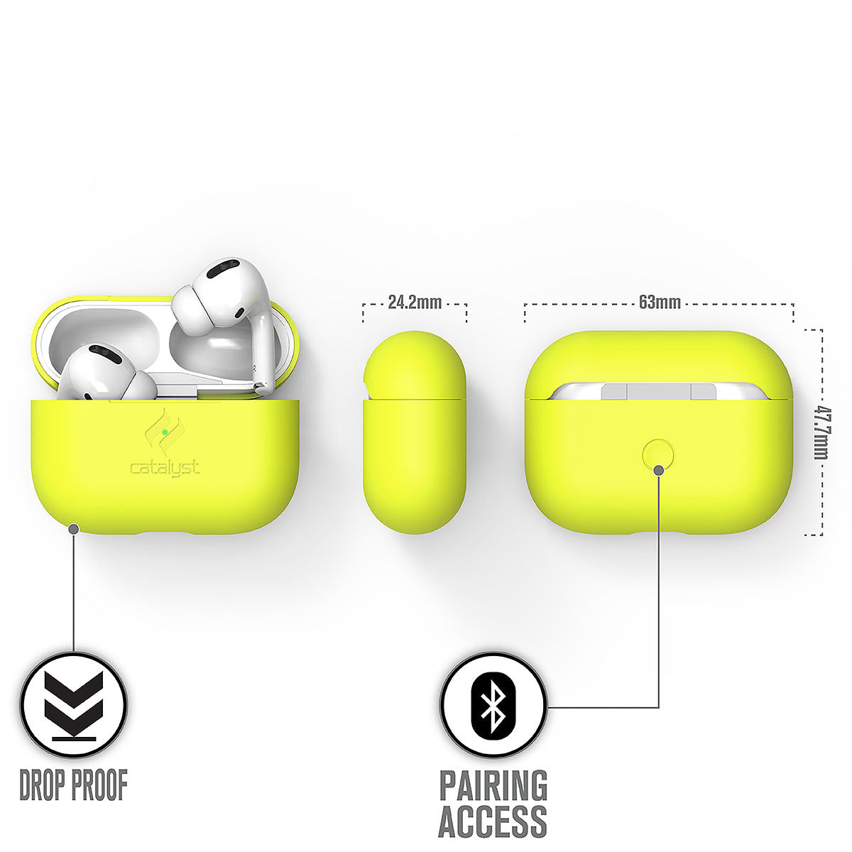 Catalyst airpods pro gen 2/1 slim case showing the case dimensions in a neon yellow colorway text reads drop proof pairing access