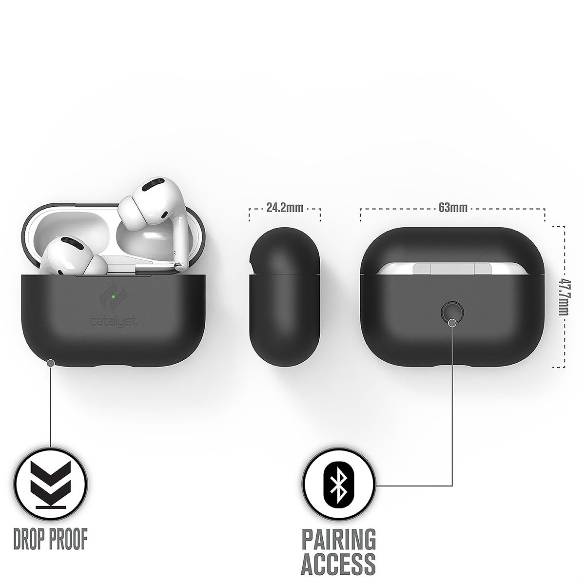 Catalyst airpods pro gen 2/1 slim case showing the case dimensions in a stealth black colorway text reads drop proof pairing access