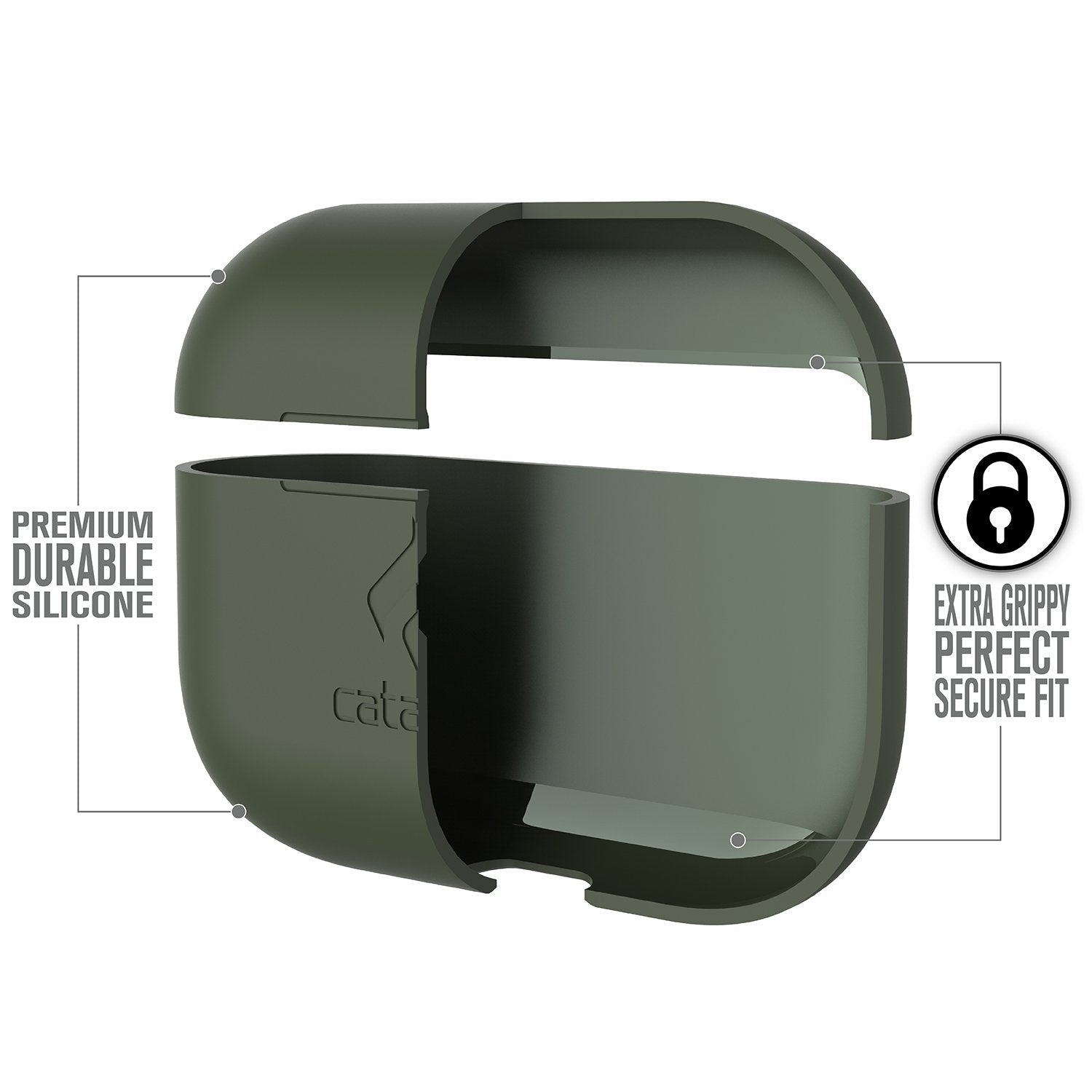 Catalyst airpods pro gen 2/1 slim case showing the case features in an army green colorway text reads premium durable silicone extra grippy perfect secure fit