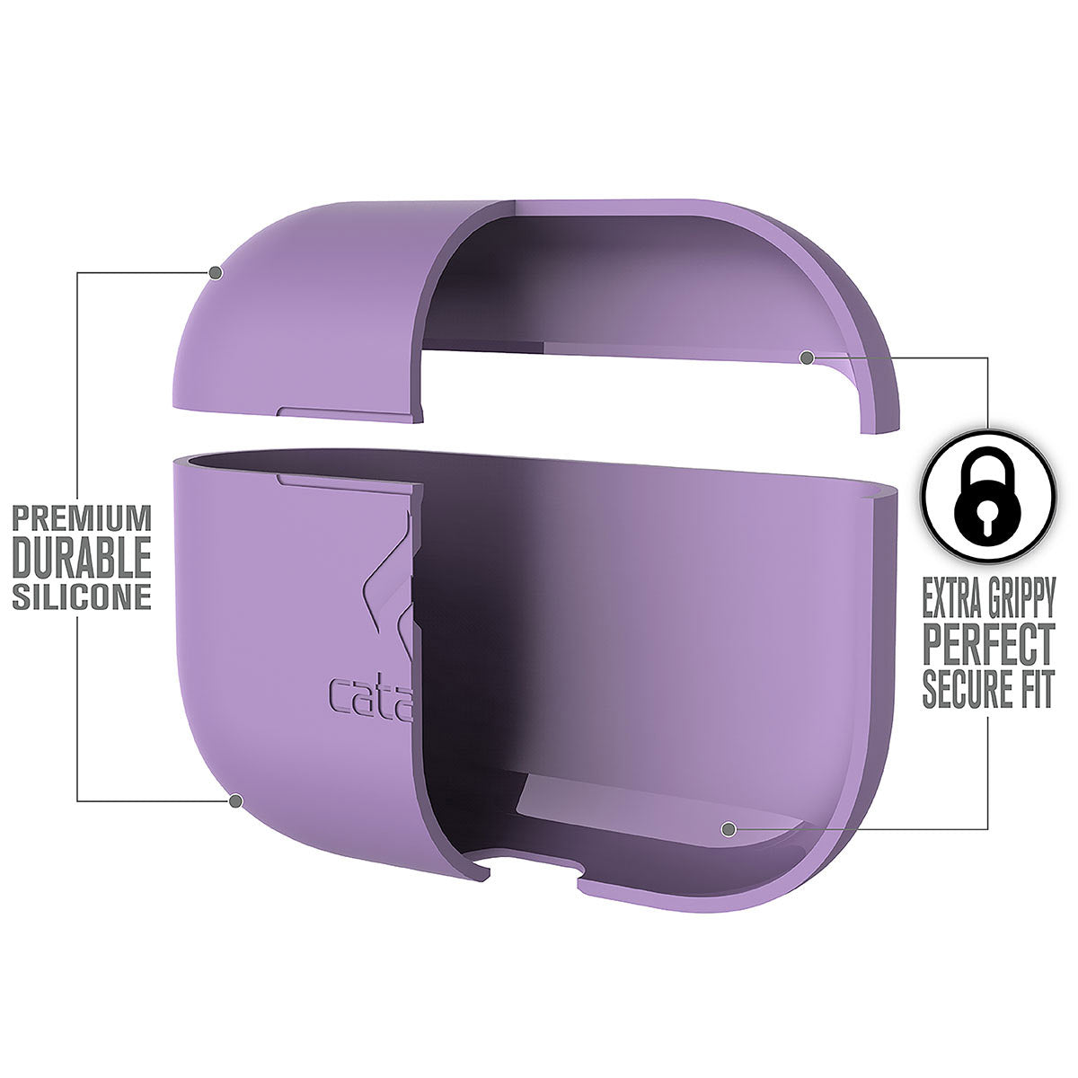 Catalyst airpods pro gen 2/1 slim case showing the case features in a lilac colorway text reads premium durable silicone extra grippy perfect secure fit