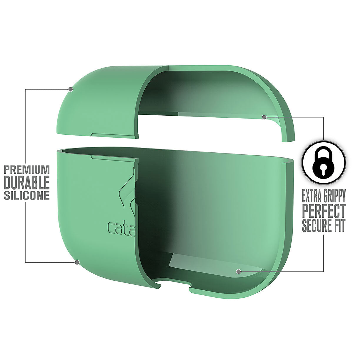 Catalyst airpods pro gen 2/1 slim case showing the case features in a mint green colorway text reads premium durable silicone extra grippy perfect secure fit