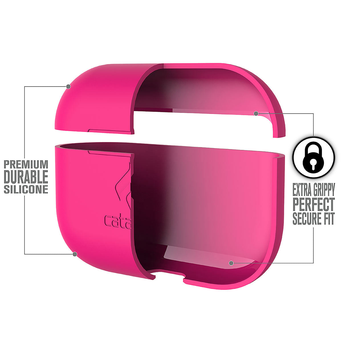 Catalyst airpods pro gen 2/1 slim case showing the case features in a neon pink colorway text reads premium durable silicone extra grippy perfect secure fit