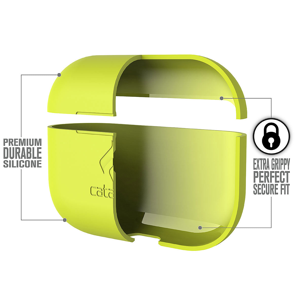 Catalyst airpods pro gen 2/1 slim case showing the case features in a neon yellow colorway text reads premium durable silicone extra grippy perfect secure fit
