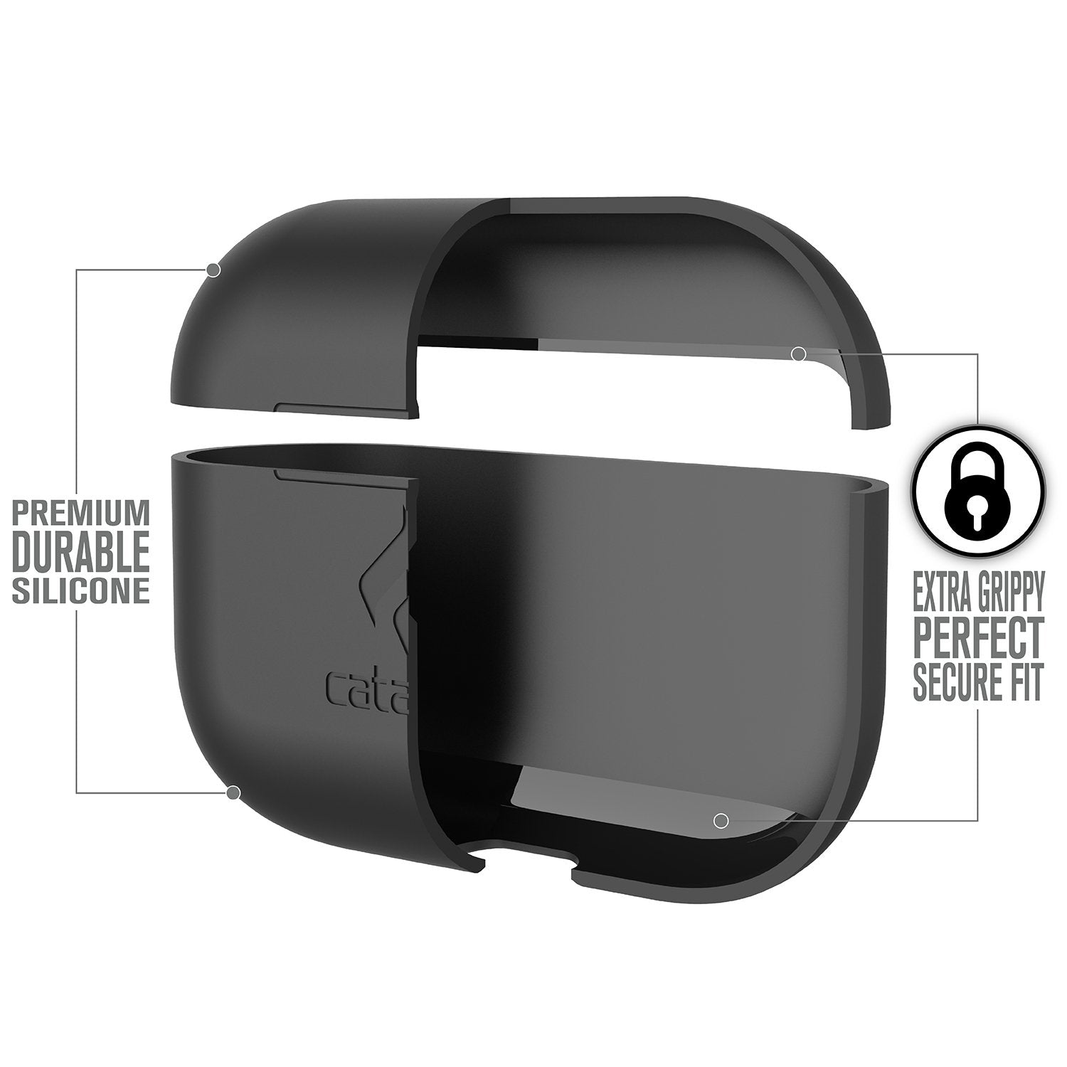 Catalyst airpods pro gen 2/1 slim case showing the case features in an stealth black colorway text reads premium durable silicone extra grippy perfect secure fit