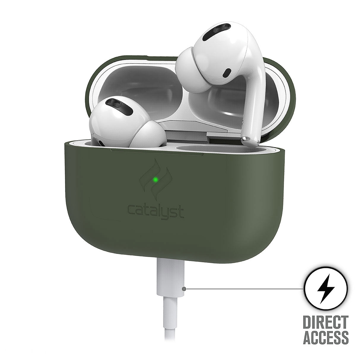 Catalyst airpods pro gen 2/1 slim case showing the case while charging in an army green colorway text reads direct access