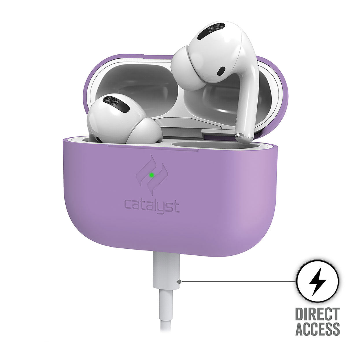 Catalyst airpods pro gen 2/1 slim case showing the case while charging  in a lilac colorway text reads direct access