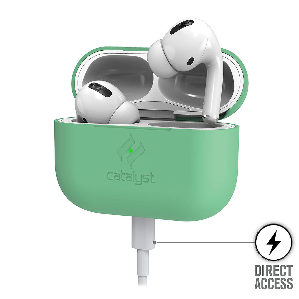 Catalyst airpods pro gen 2/1 slim case showing the case while charging in an mint green colorway text reads direct access