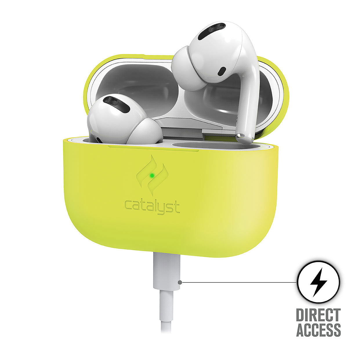 Catalyst airpods pro gen 2/1 slim case showing the case while charging in a neon yellow colorway text reads direct access