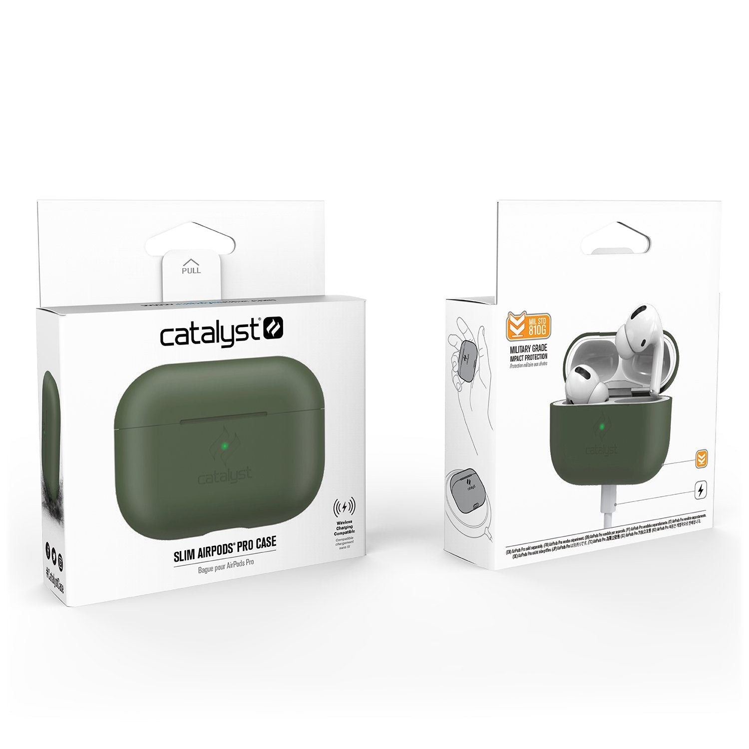 Catalyst airpods pro gen 2/1 slim case showing the front and back view of the packaging in an army green colorway