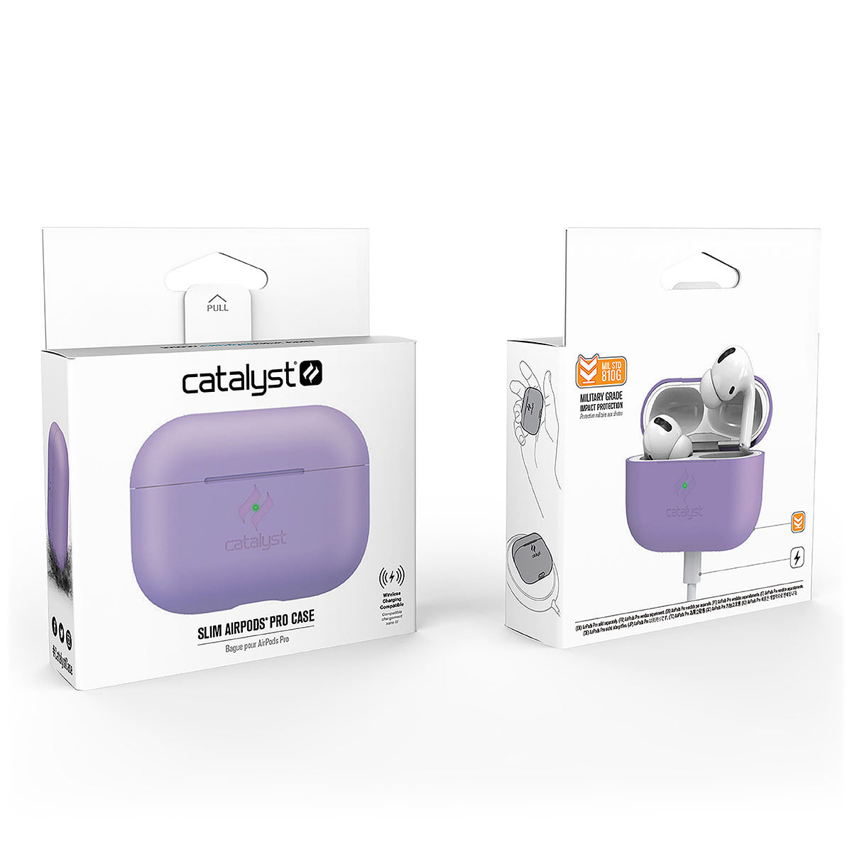 Catalyst airpods pro gen 2/1 slim case showing the front and back view of the packaging in a lilac colorway