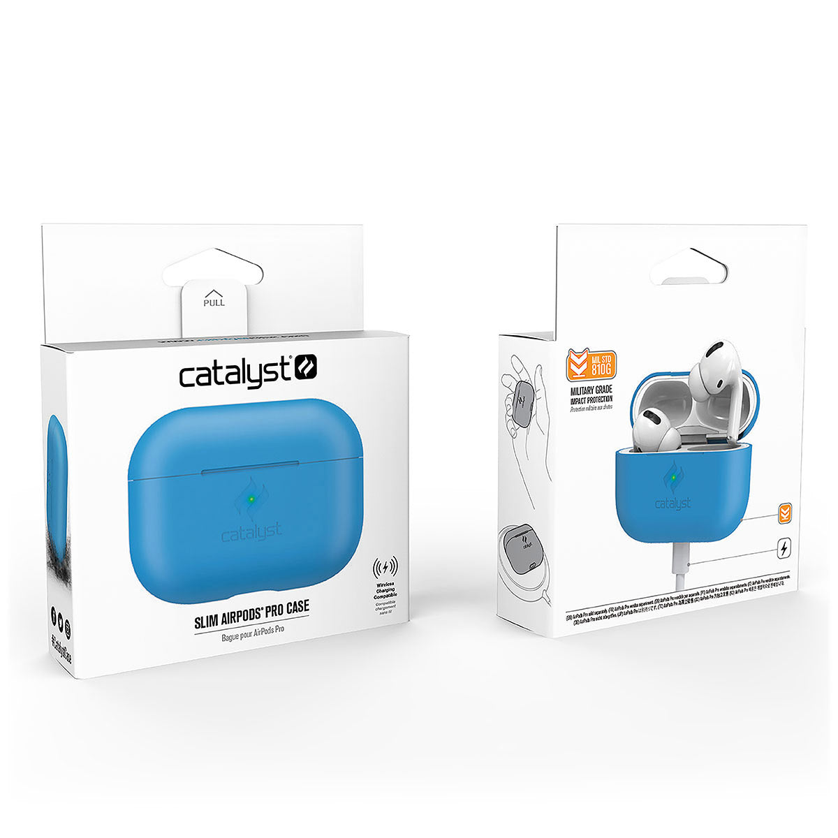 Catalyst airpods pro gen 2/1 slim case showing the front and back view of the packaging in a neon blue colorway