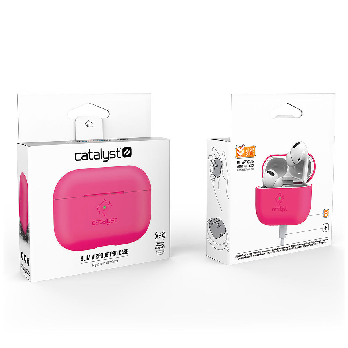 Catalyst airpods pro gen 2/1 slim case showing the front and back view of the packaging in a neon pink colorway