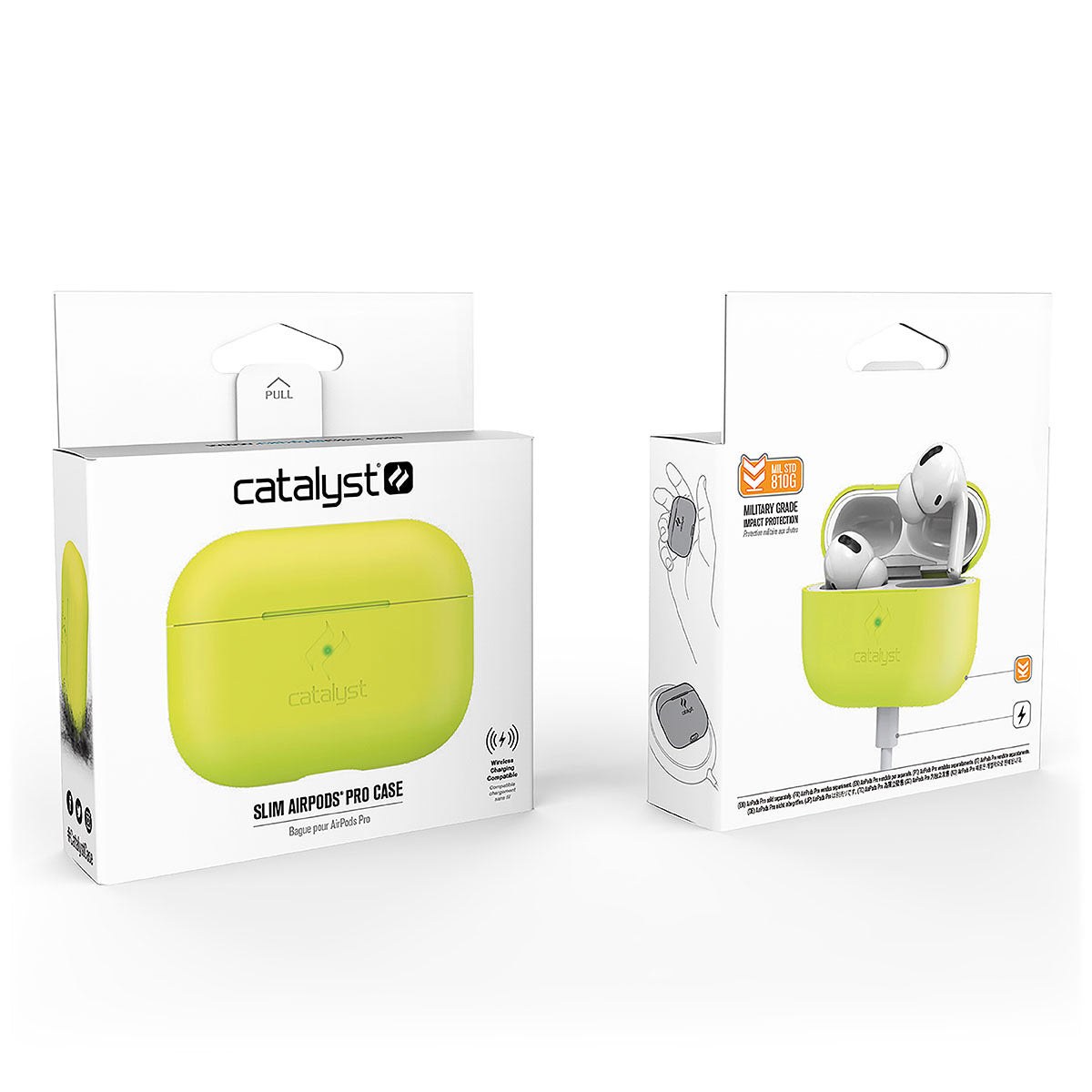 catalyst-airpods-pro-gen-2-1-slim-case-showing-the-front-and-back-view-of-the-packaging-in-a-neon-yellow-colorway   Catalyst airpods pro gen 2/1 slim case showing the front and back view of the packaging in a neon yellow colorway