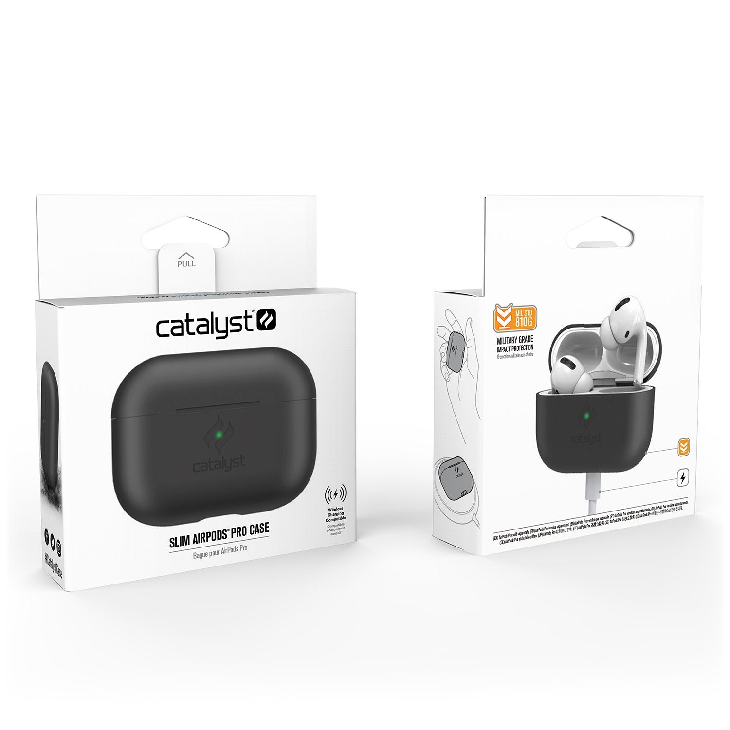 Catalyst airpods pro gen 2/1 slim case showing the front and back view of the packaging in a stealth black colorway