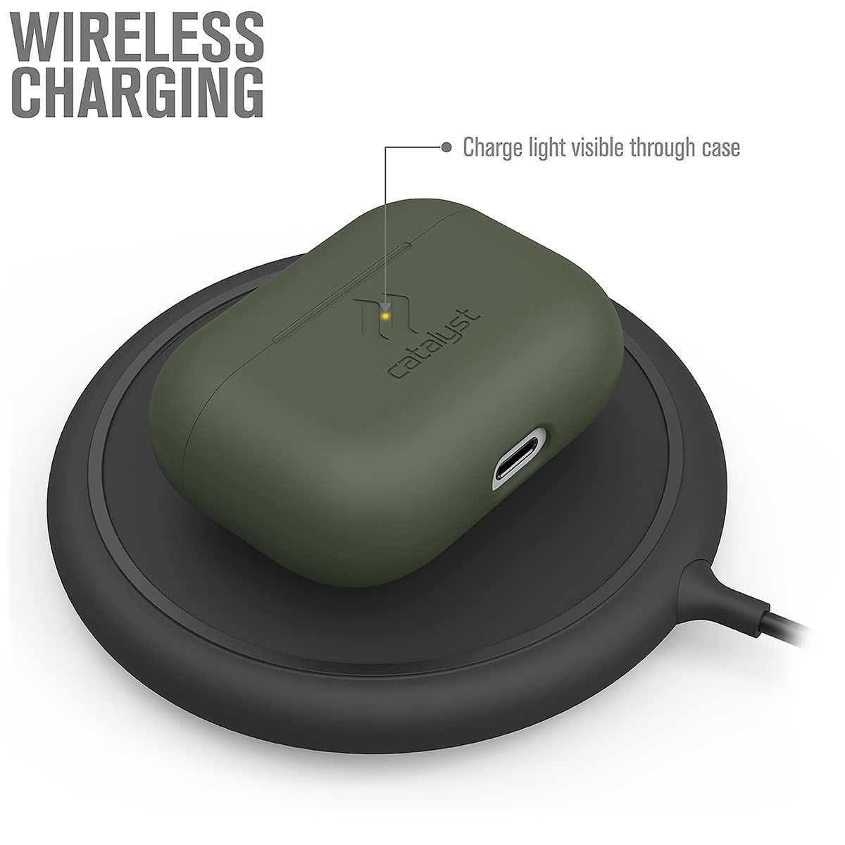 Catalyst airpods pro gen 2/1 slim case showing wireless charging of the case in an army green colorway