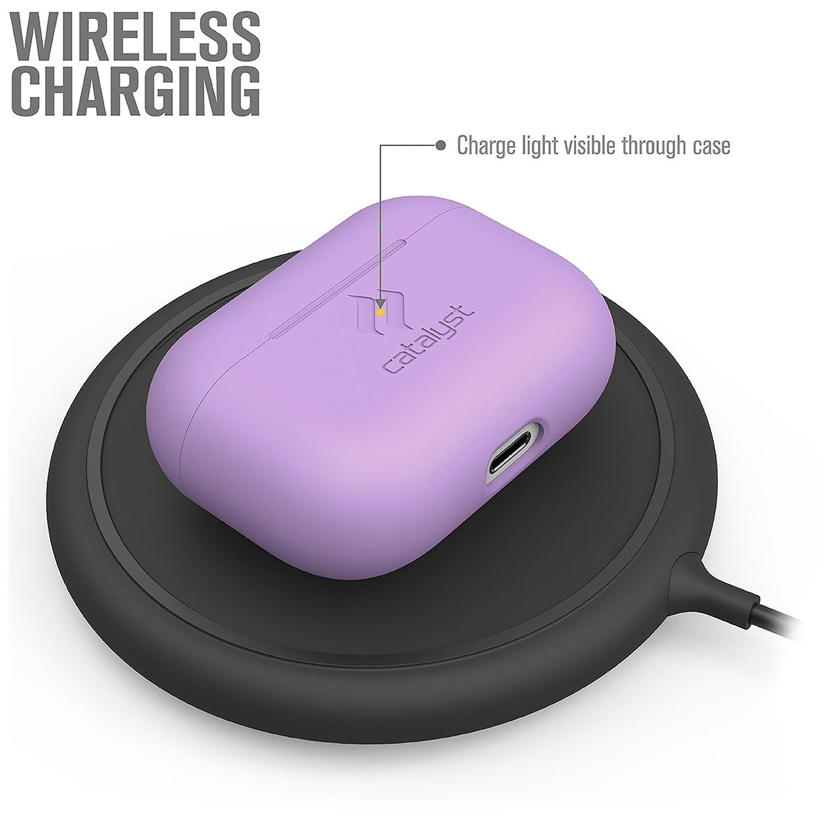 Catalyst airpods pro gen 2/1 slim case showing wireless charging of the case in a lilac colorway