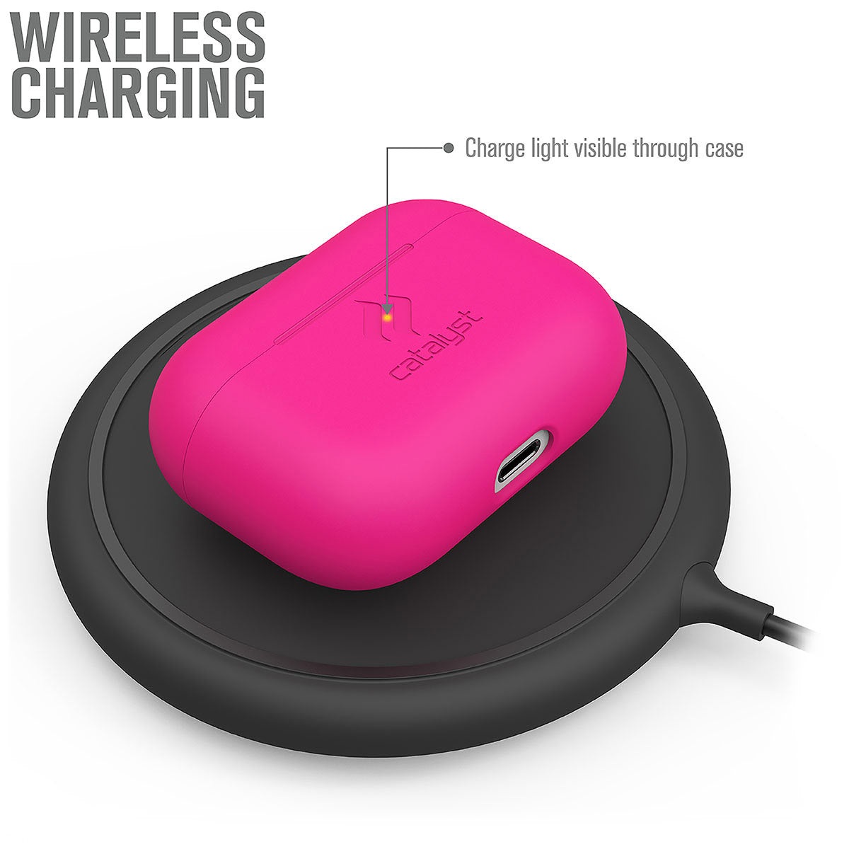 Catalyst airpods pro gen 2/1 slim case showing wireless charging of the case in a neon pink colorway