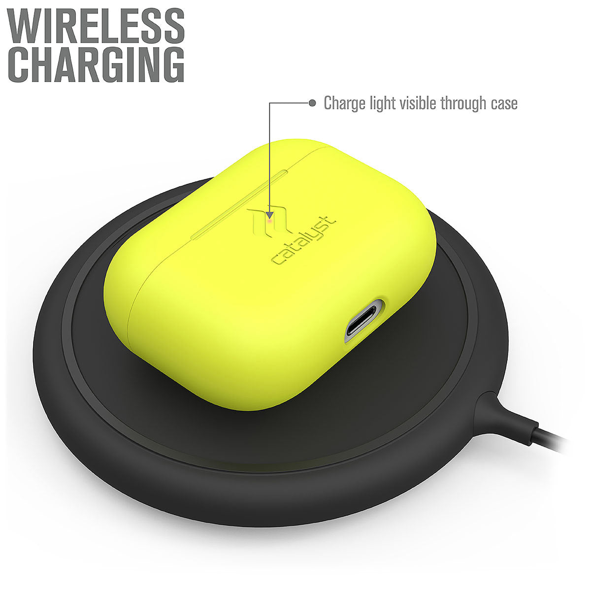 Catalyst airpods pro gen 2/1 slim case showing wireless charging of the case in a neon yellow colorway