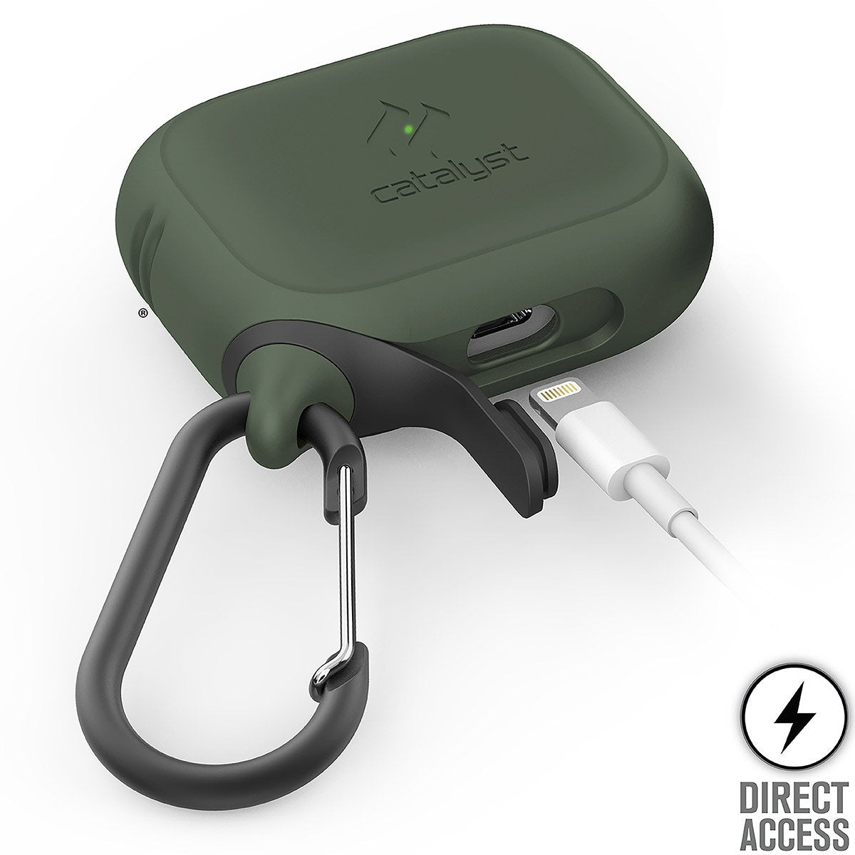 CATAPDPROGRN | catalyst airpods pro gen 2 1 waterproof case carabiner army green open charging plug text reads direct access