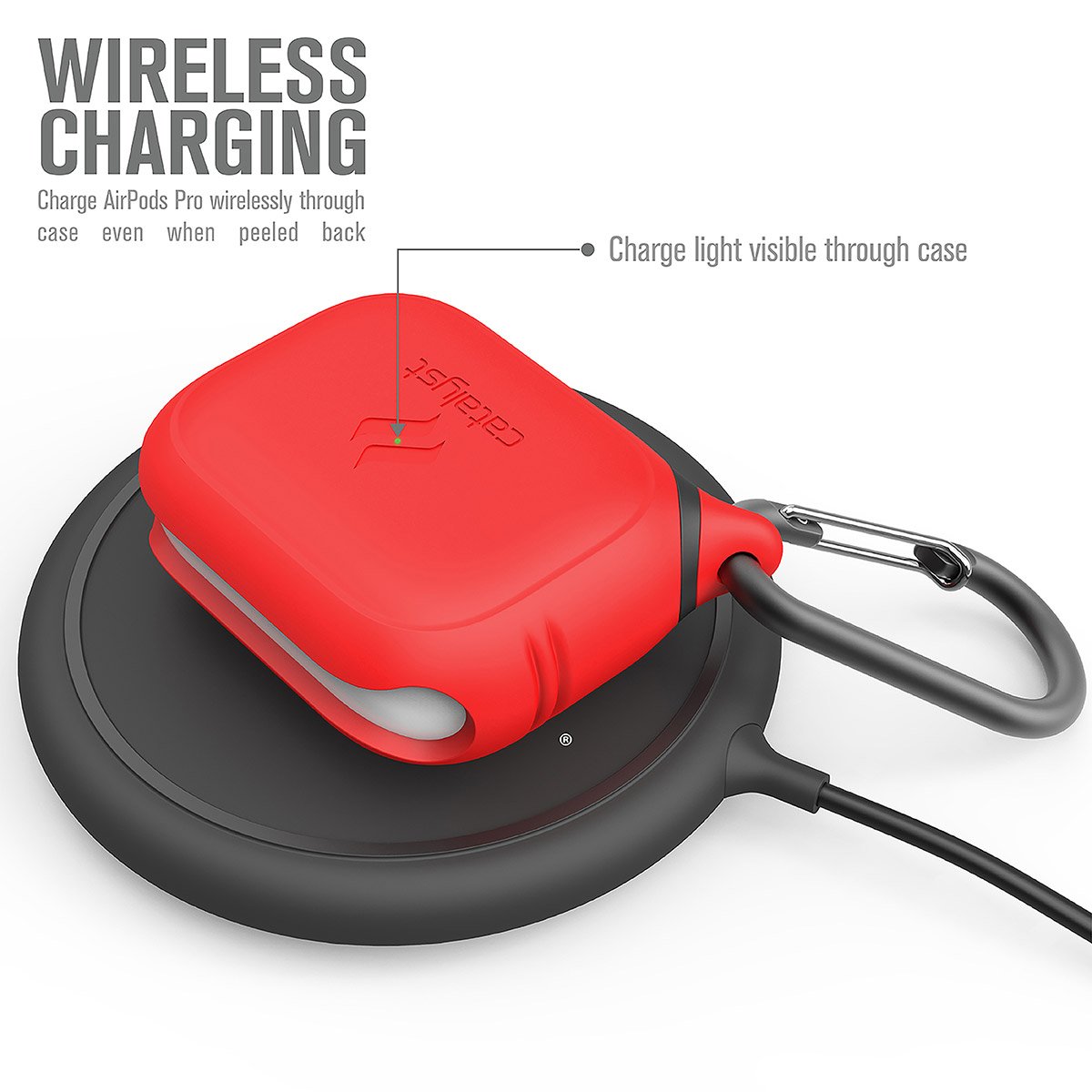 CATAPDPRORED | catalyst airpods pro gen 2 1 waterproof case carabiner flame red on top of a wireless charger text reads wireless charging charge airpods pro wirelessly through case even when peeled back charge light visible through case