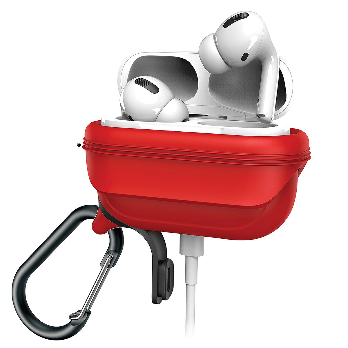 CATAPDPRORED | catalyst airpods pro gen 2 1 waterproof case carabiner flame red open lid with airpods