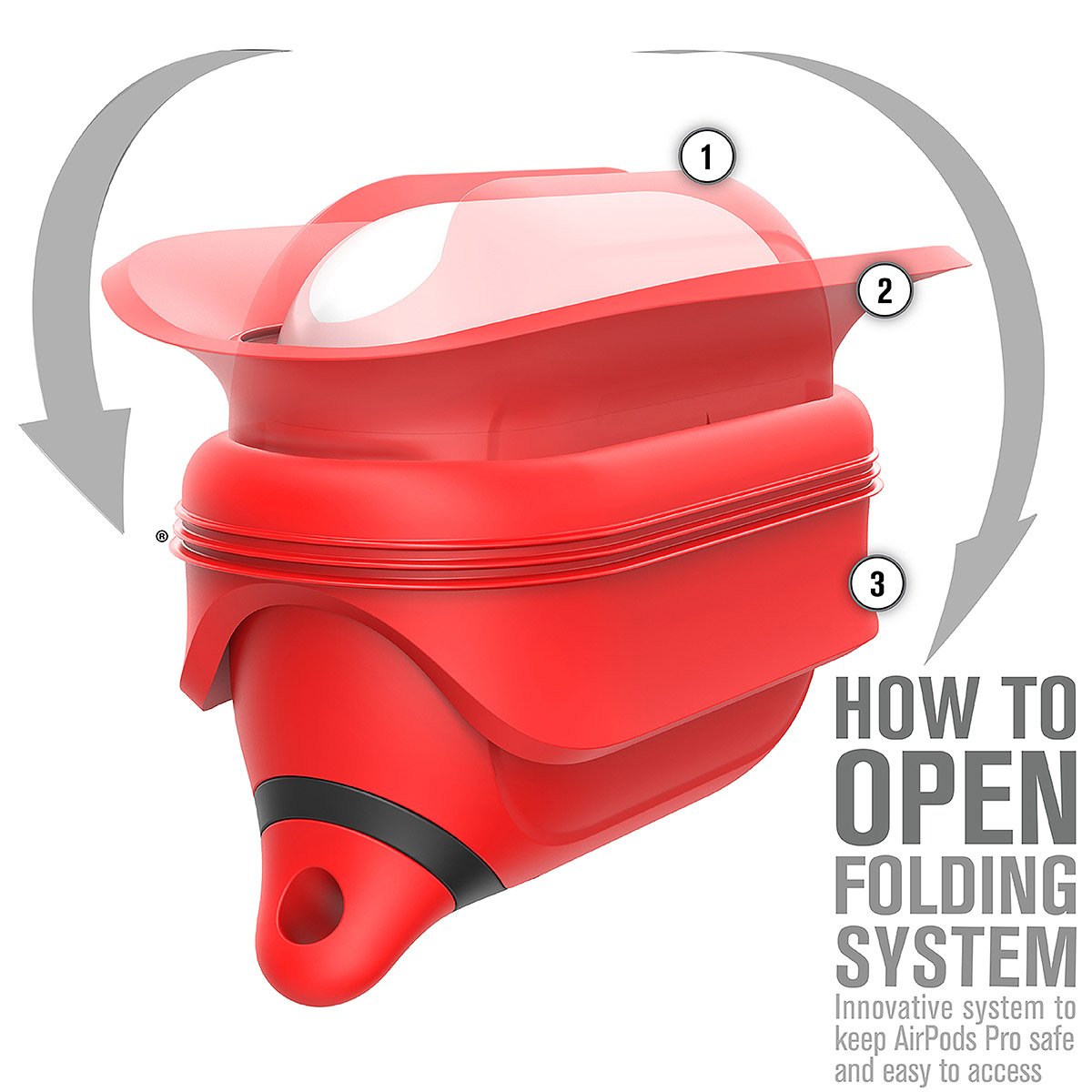 CATAPDPRORED | catalyst airpods pro gen 2 1 waterproof case carabiner flame red with arrows on how to open the case text reads how to open folding system innovative system to keep airpods pro safe and easy to access