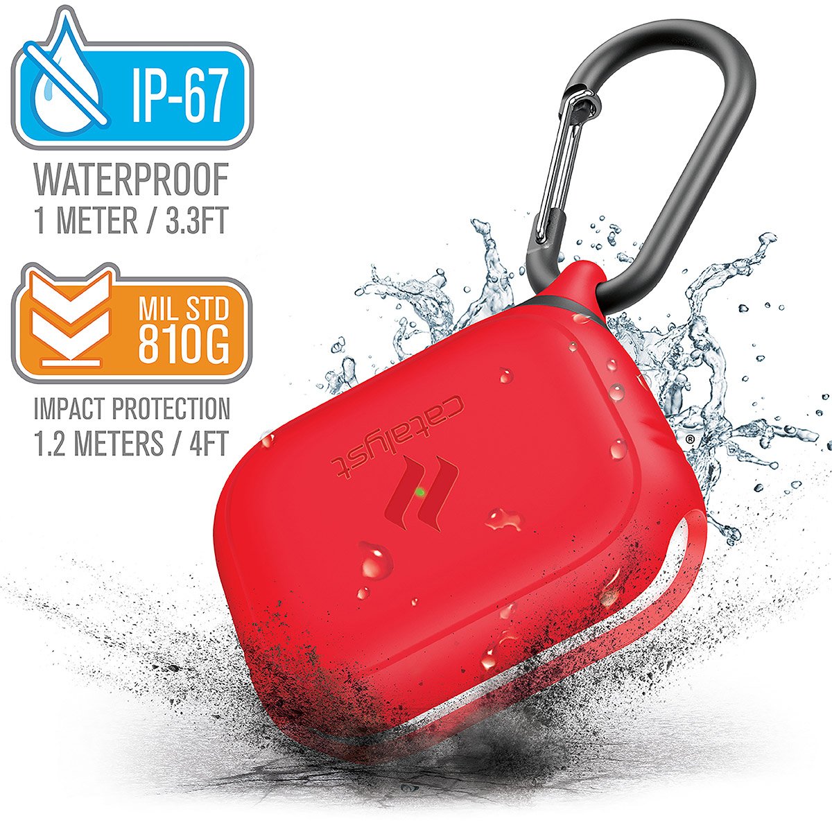 CATAPDPRORED | catalyst airpods pro gen 2 1 waterproof case carabiner flame red with cracked floor and splashes of water text reads ip-67 waterproof 1 meter 3.3ft mil std 810g impact protection 1.2 meters 4ft