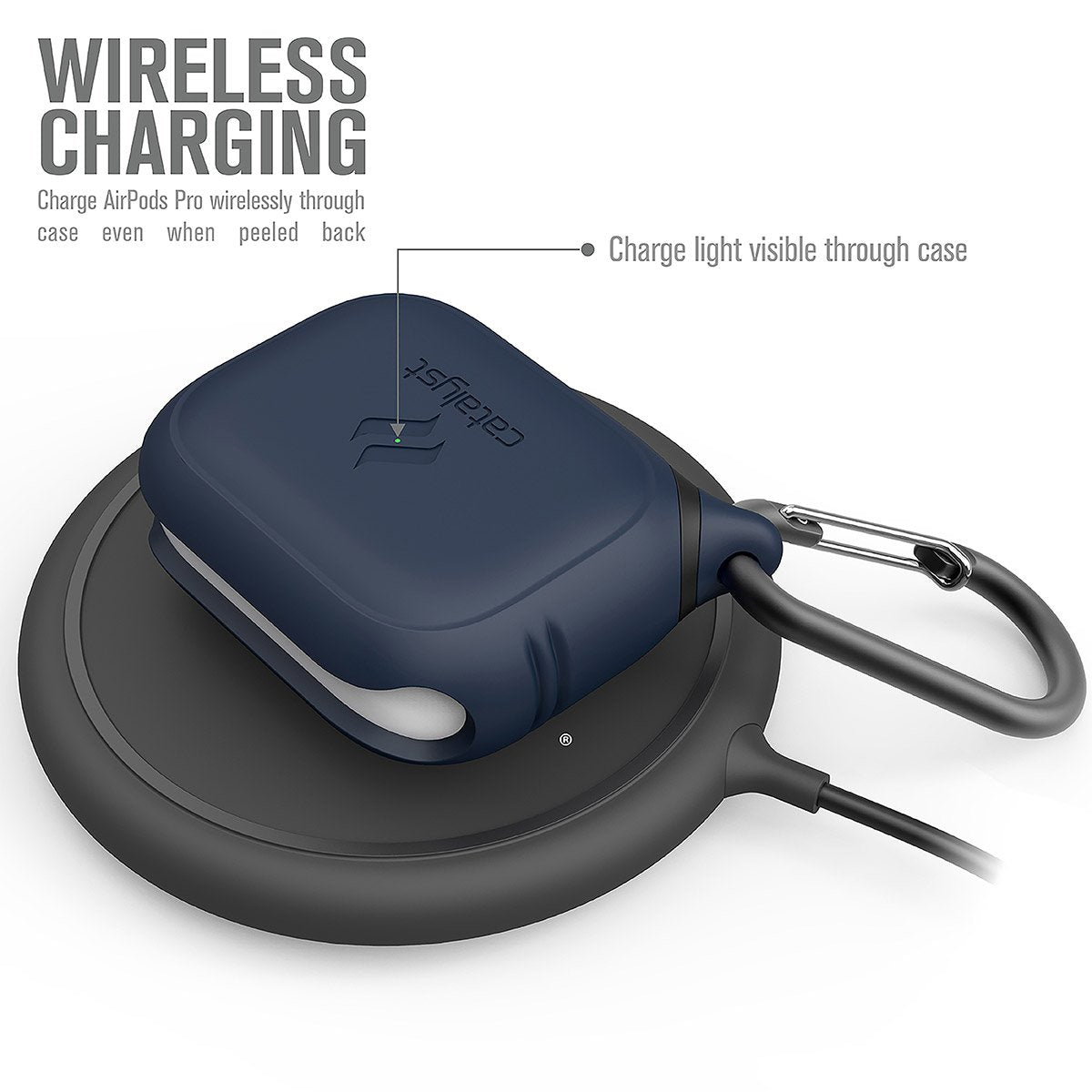 CATAPDPRONAV | catalyst airpods pro gen 2 1 waterproof case carabiner midnight blue on top of a wireless charger text reads wireless charging charge airpods pro wirelessly through case even when peeled back charge light visible through case