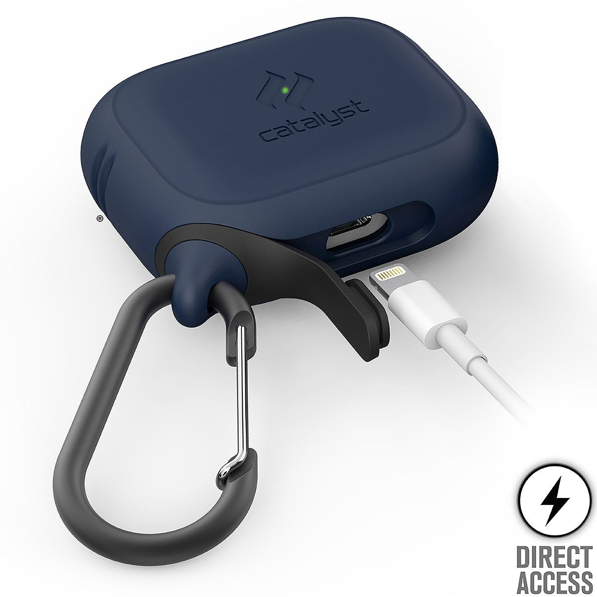 CATAPDPRONAV | catalyst airpods pro gen 2 1 waterproof case carabiner midnight blue open charging plug text reads direct access