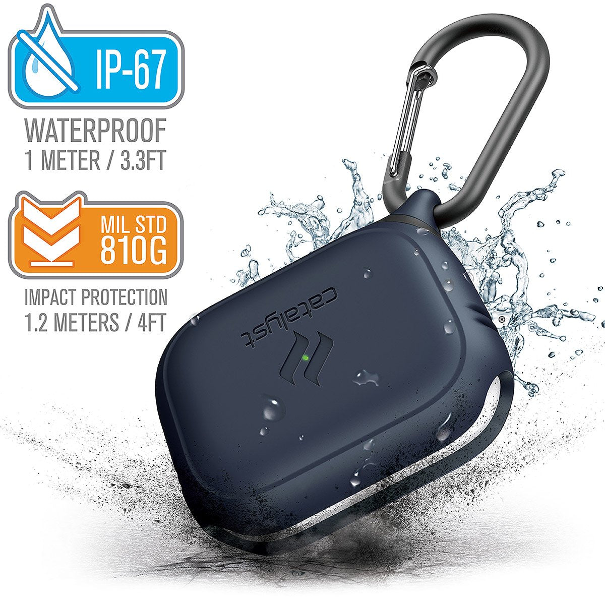 CATAPDPRONAV | catalyst airpods pro gen 2 1 waterproof case carabiner midnight blue with cracked floor and splashes of water text reads ip-67 waterproof 1 meter 3.3ft mil std 810g impact protection 1.2 meters 4ft