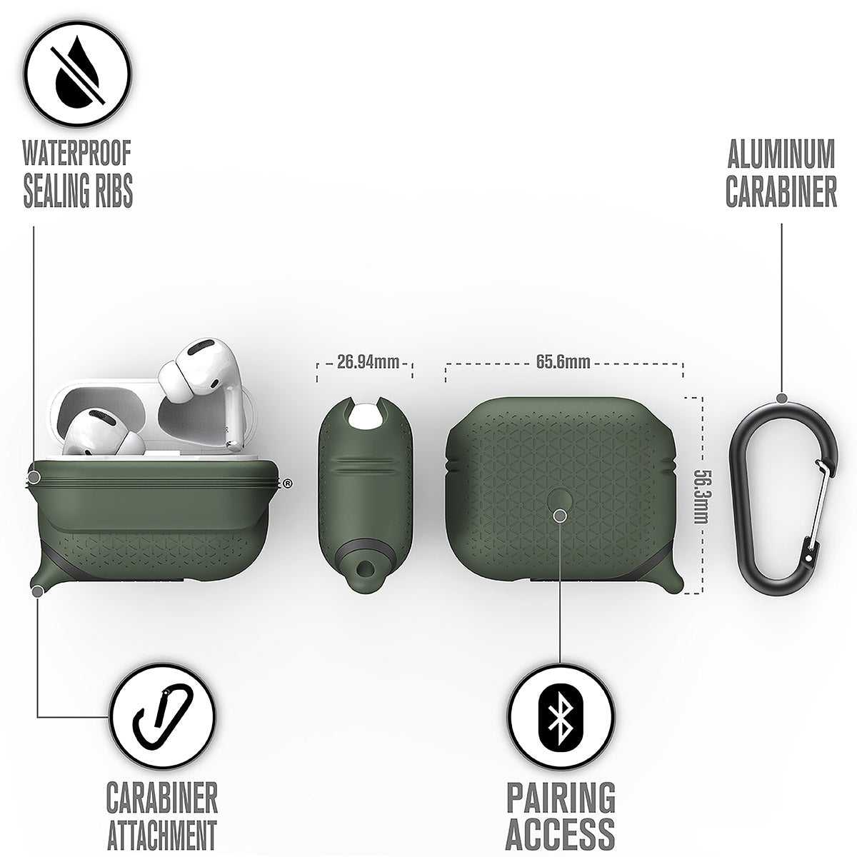 catalyst airpods pro gen 2 1 waterproof case carabiner premium edition different views showing the sealing ribs carabiner attachment loop and pairing access text reads waterproof sealing ribs aluminum carabiner carabiner attachment pairing access