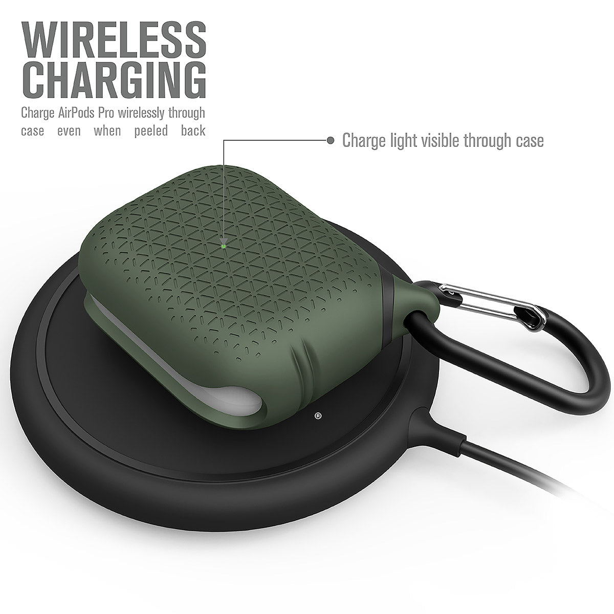 catalyst airpods pro gen 2 1 waterproof case carabiner premium edition army green on top of a wireless charger text reads wireless charging charge airpods pro wirelessly through case even when peeled back charge light visible through case