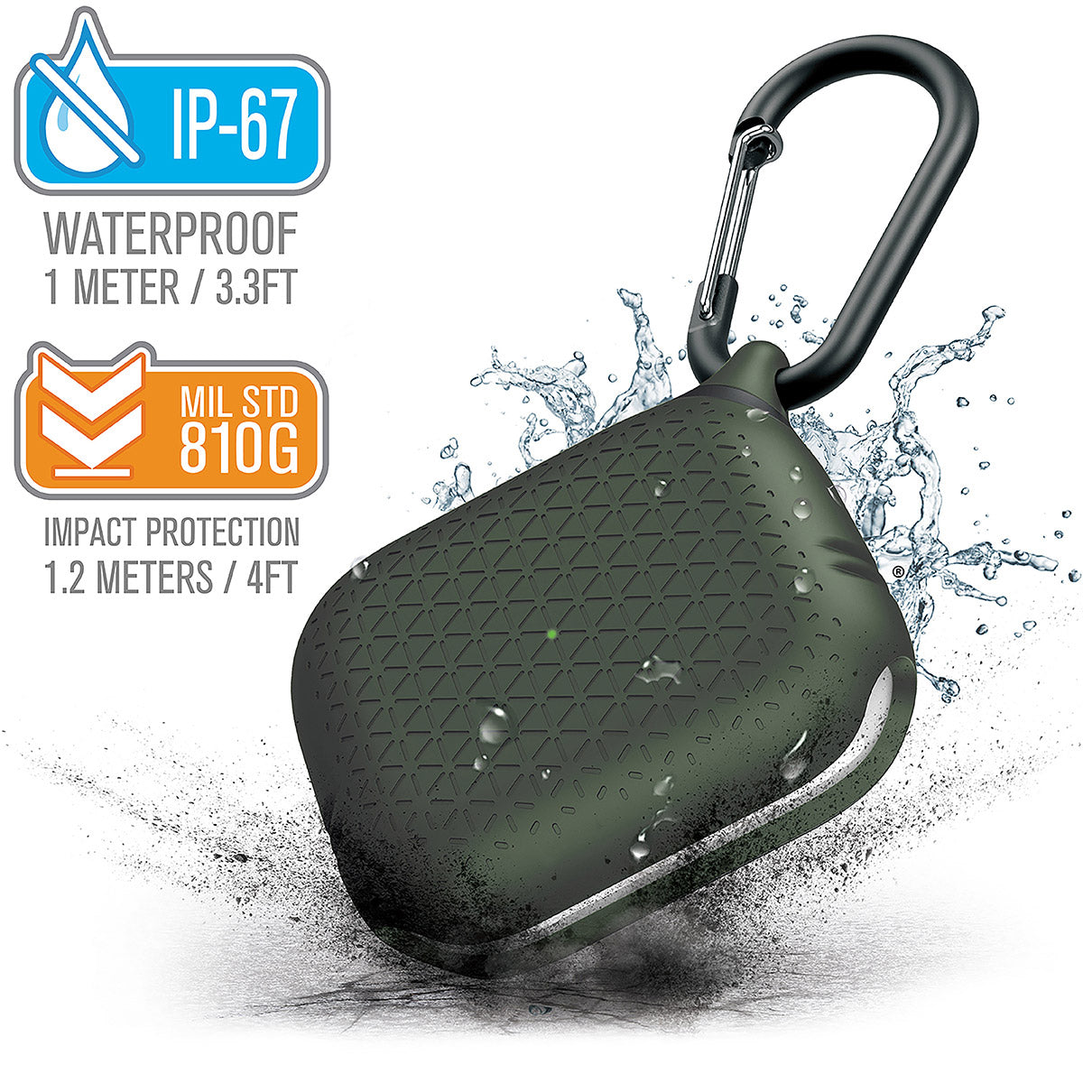 catalyst airpods pro gen 2 1 waterproof case carabiner premium edition army green with cracked floor and splashes of water text reads ip-67 waterproof 1 meter 3.3ft mil std 810g impact protection 1.2 meters 4ft