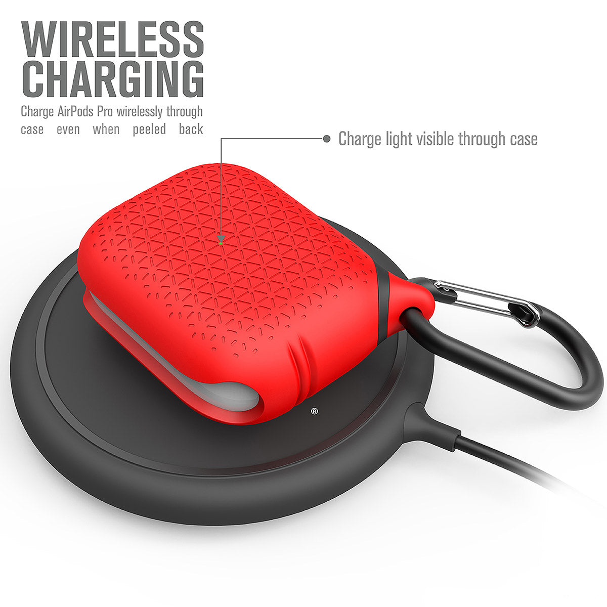 catalyst airpods pro gen 2 1 waterproof case carabiner premium edition flame red on top of a wireless charger text reads wireless charging charge airpods pro wirelessly through case even when peeled back charge light visible through case