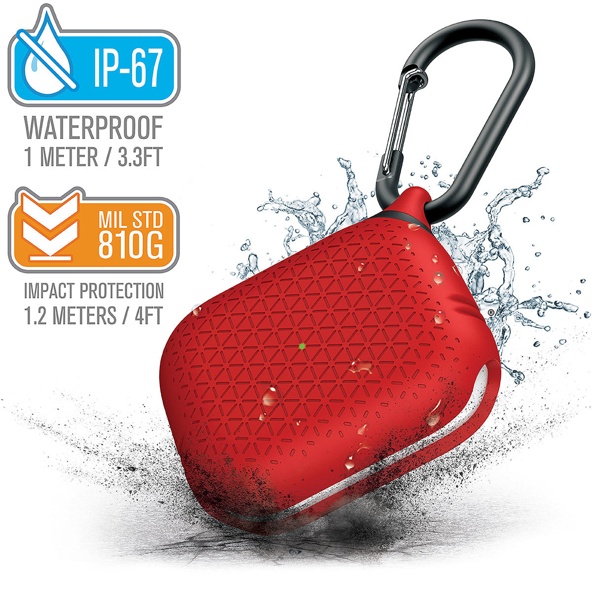 catalyst airpods pro gen 2 1 waterproof case carabiner premium edition flame red with cracked floor and splashes of water text reads ip-67 waterproof 1 meter 3.3ft mil std 810g impact protection 1.2 meters 4ft