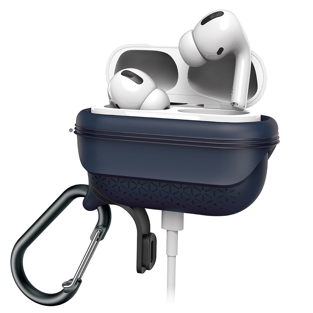 catalyst airpods pro gen 2 1 waterproof case carabiner premium edition midnight blue open lid with airpods