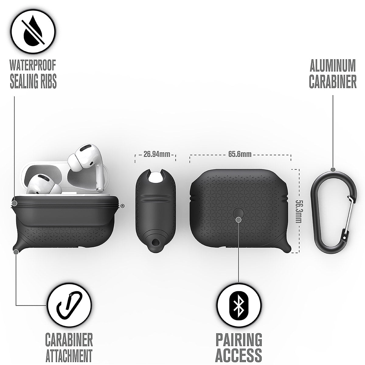 catalyst airpods pro gen 2 1 waterproof case carabiner premium edition stealth black different views showing the sealing ribs carabiner attachment loop and pairing access text reads waterproof sealing ribs aluminum carabiner carabiner attachment pairing access