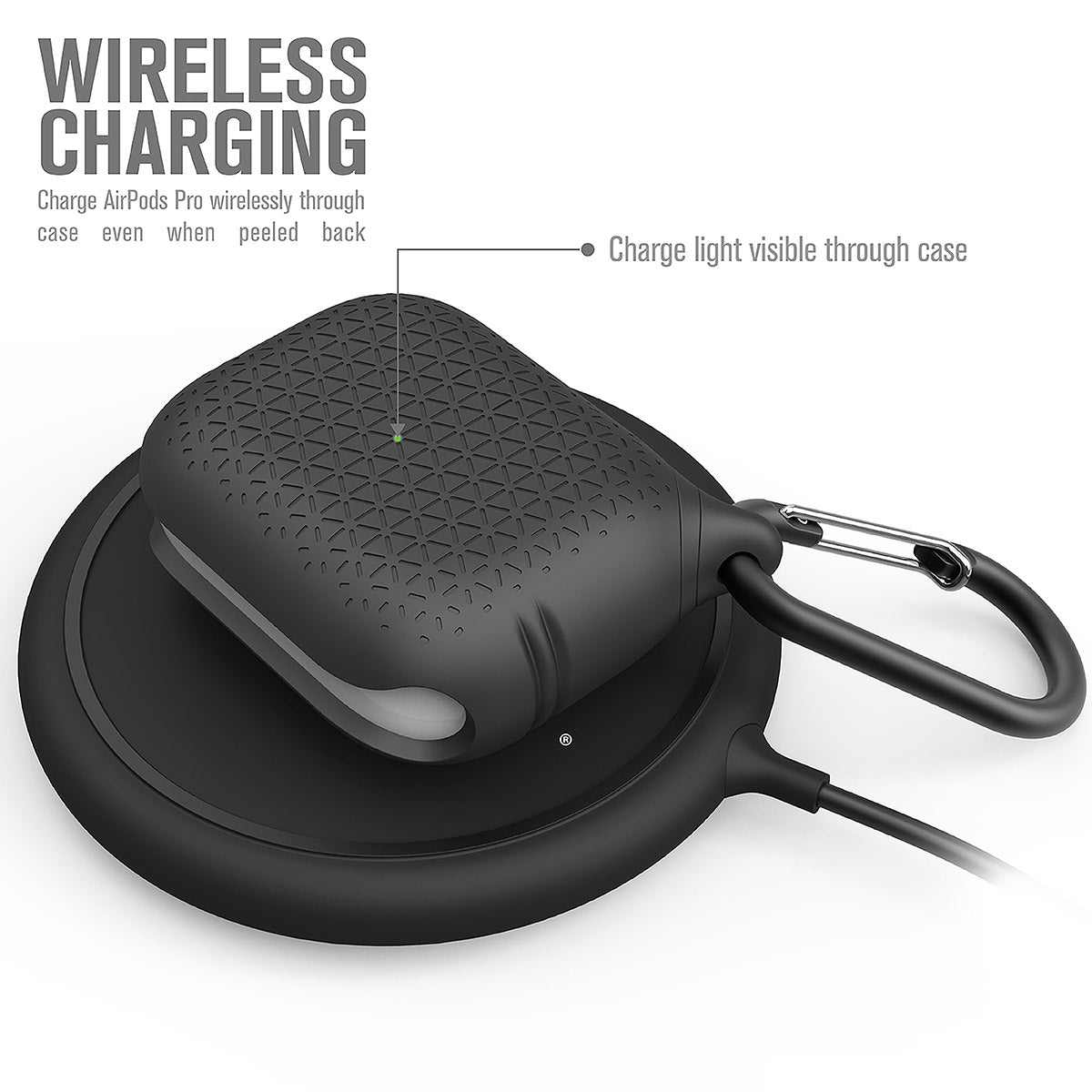 catalyst airpods pro gen 2 1 waterproof case carabiner premium edition stealth black on top of a wireless charger text reads wireless charging charge airpods pro wirelessly through case even when peeled back charge light visible through case