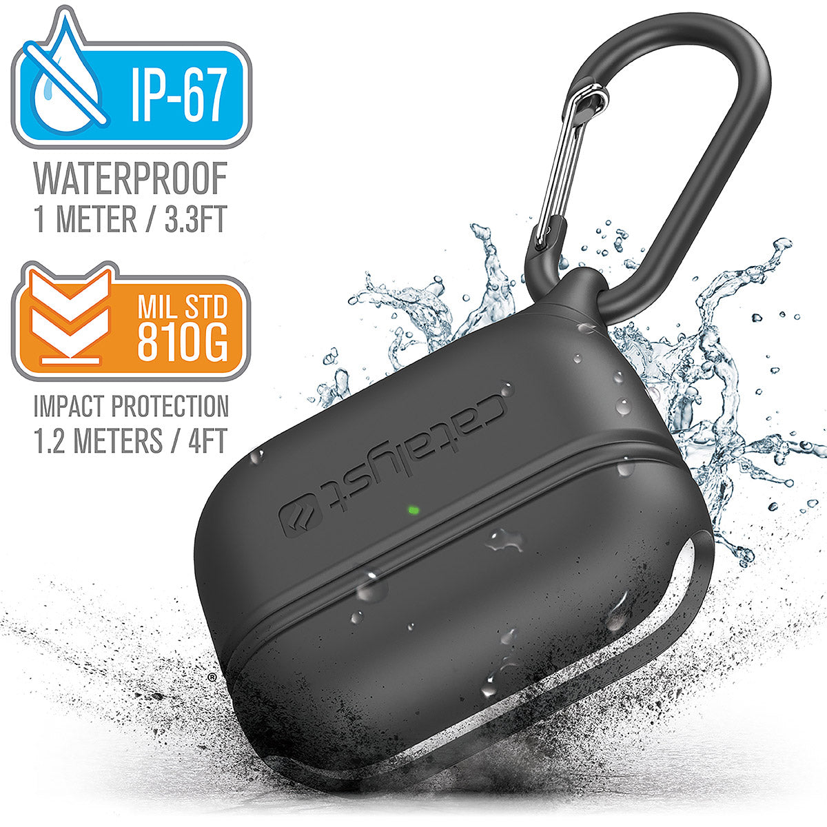 catalyst airpods pro gen 2 1 waterproof case carabiner special edition black with cracked floor and splashes of water text reads ip-67 waterproof 1 meter 3.3ft mil std 810g impact protection 1.2 meters 4ft