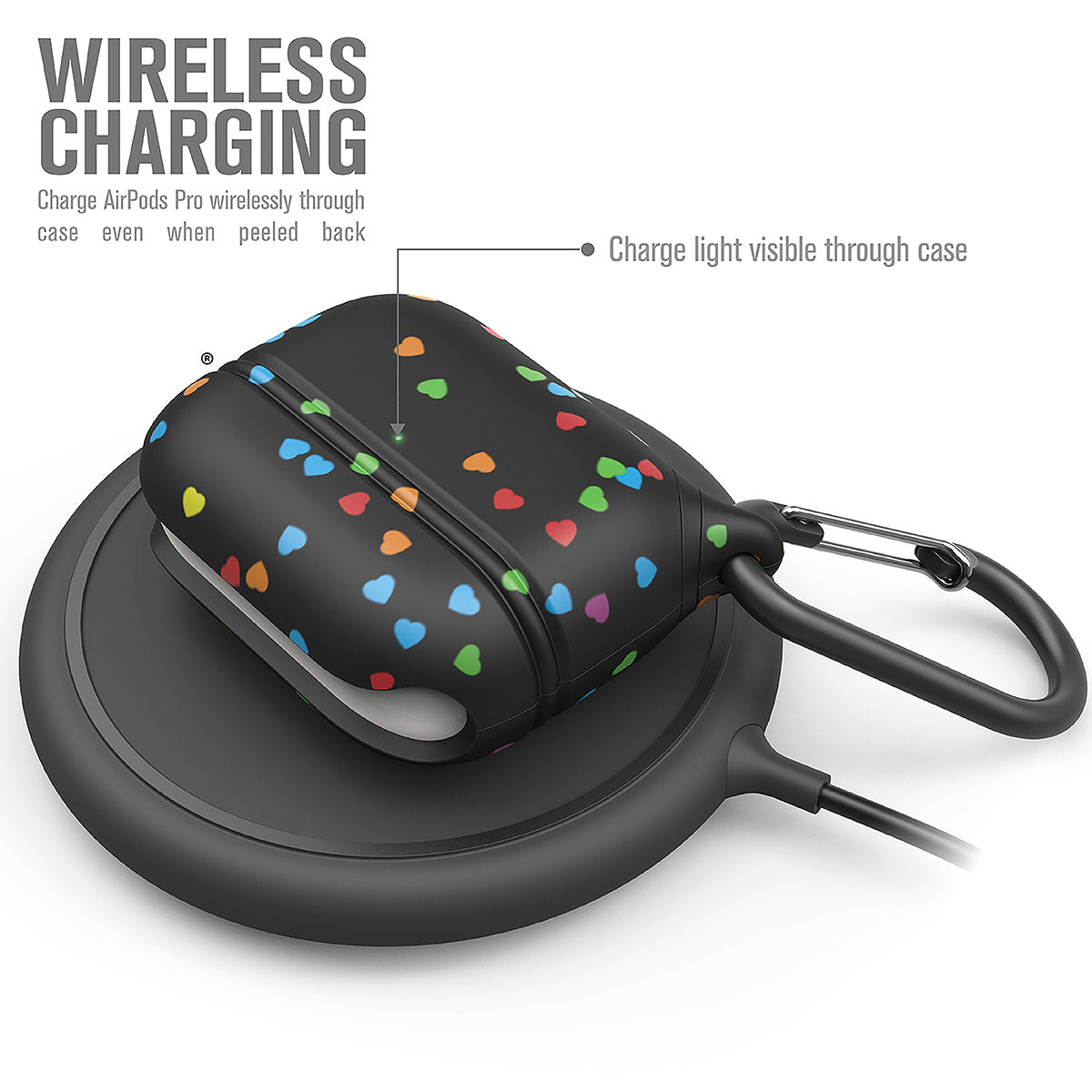 catalyst airpods pro gen 2 1 waterproof case carabiner special edition black with hearts on top of a wireless charger text reads wireless charging charge airpods pro wirelessly through case even when peeled back charge light visible through case
