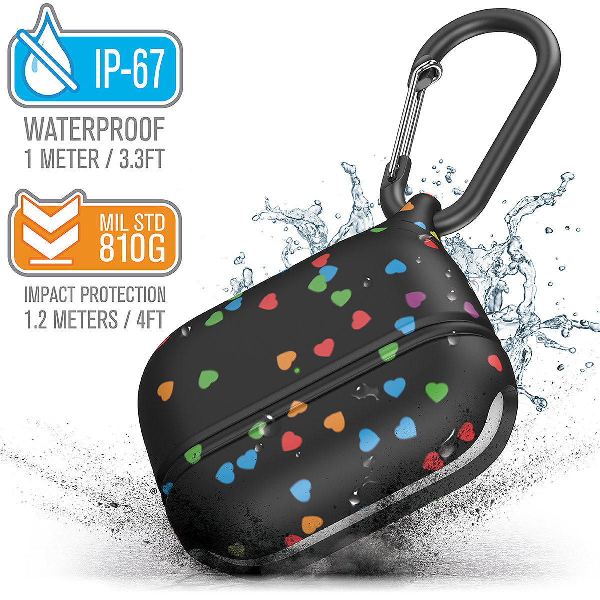 catalyst airpods pro gen 2 1 waterproof case carabiner special edition black with hearts with cracked floor and splashes of water text reads ip-67 waterproof 1 meter 3.3ft mil std 810g impact protection 1.2 meters 4ft