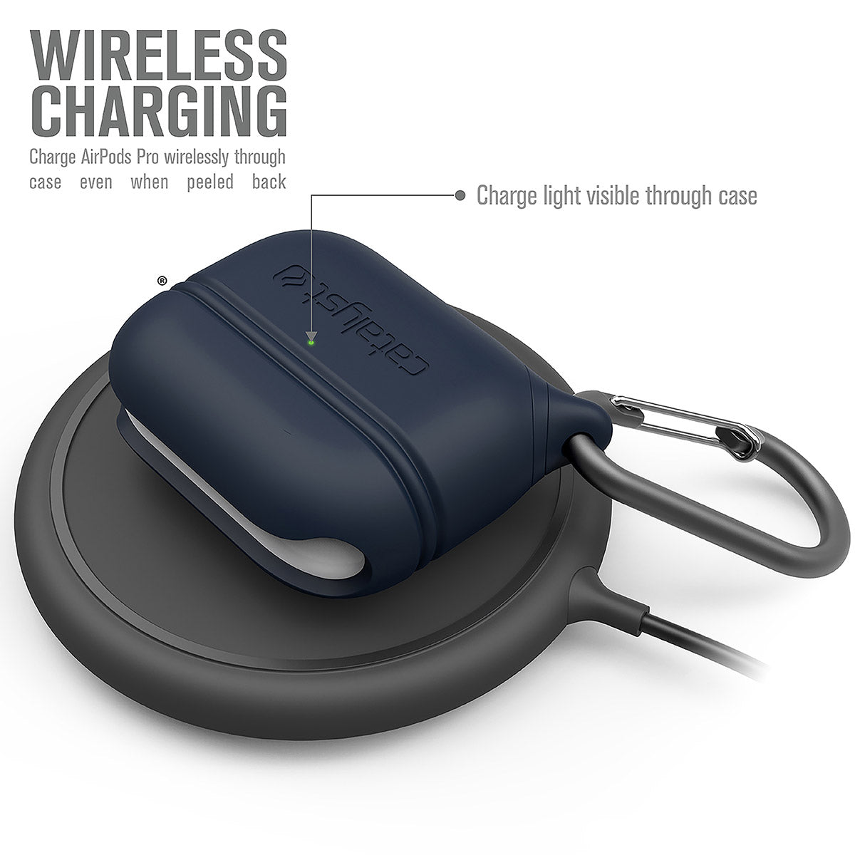 CATAPLAPDPRONAV | catalyst airpods pro gen 2 1 waterproof case carabiner special edition blue on top of a wireless charger text reads wireless charging charge airpods pro wirelessly through case even when peeled back charge light visible through case