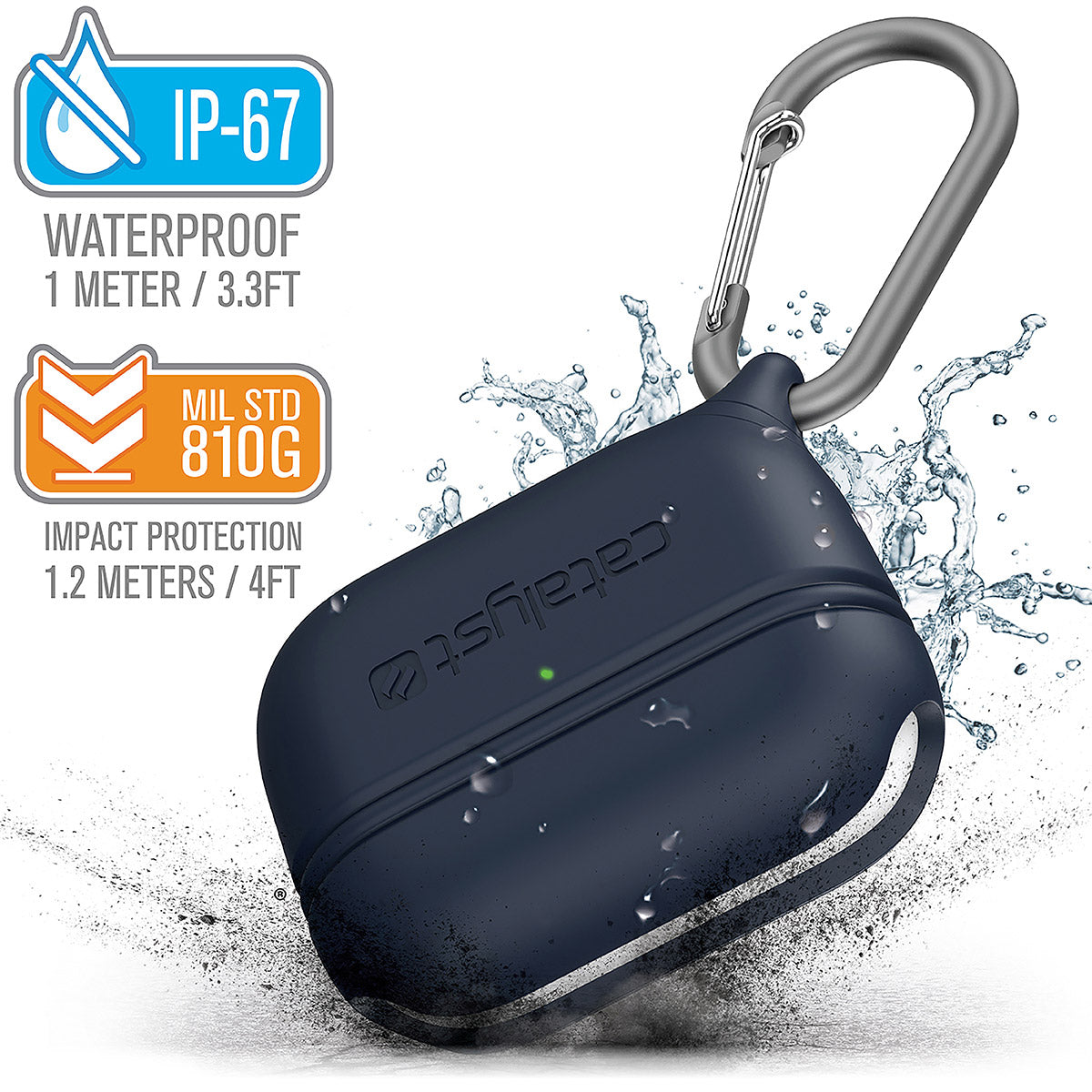 catalyst airpods pro gen 2 1 waterproof case carabiner special edition blue with cracked floor and splashes of water text reads ip-67 waterproof 1 meter 3.3ft mil std 810g impact protection 1.2 meters 4ft